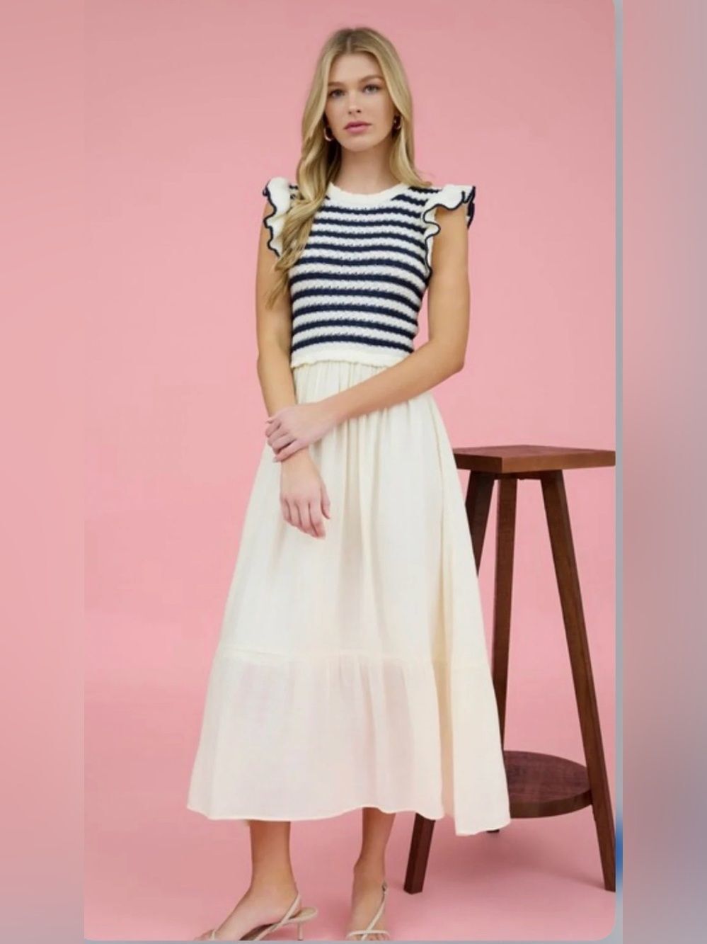 By the River Blue Cream Knit Nautical Ruffle Stripe Solid Skirt Maxi Dress NEW